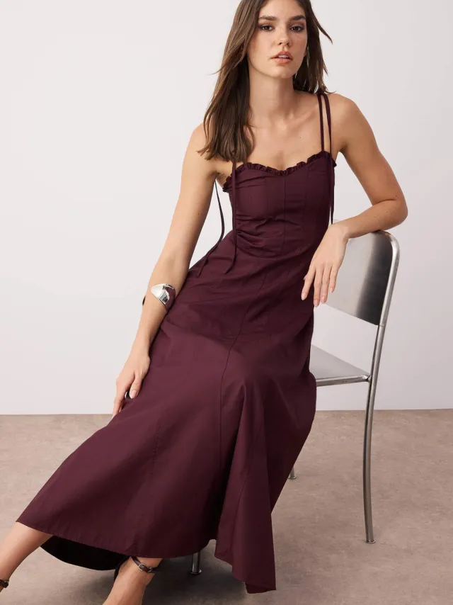 Trendyol TRENDYOLMİLLA Dames Bordeaux Effen Maxi Mouwloos Avond / Dagelijks Skater Jurken Bordeauxrood