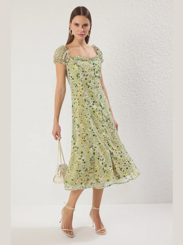 Trendyol TRENDYOLMİLLA Dames Donkerblauw Bloemen Midi Kort Casual A-lijn Jurken Groen