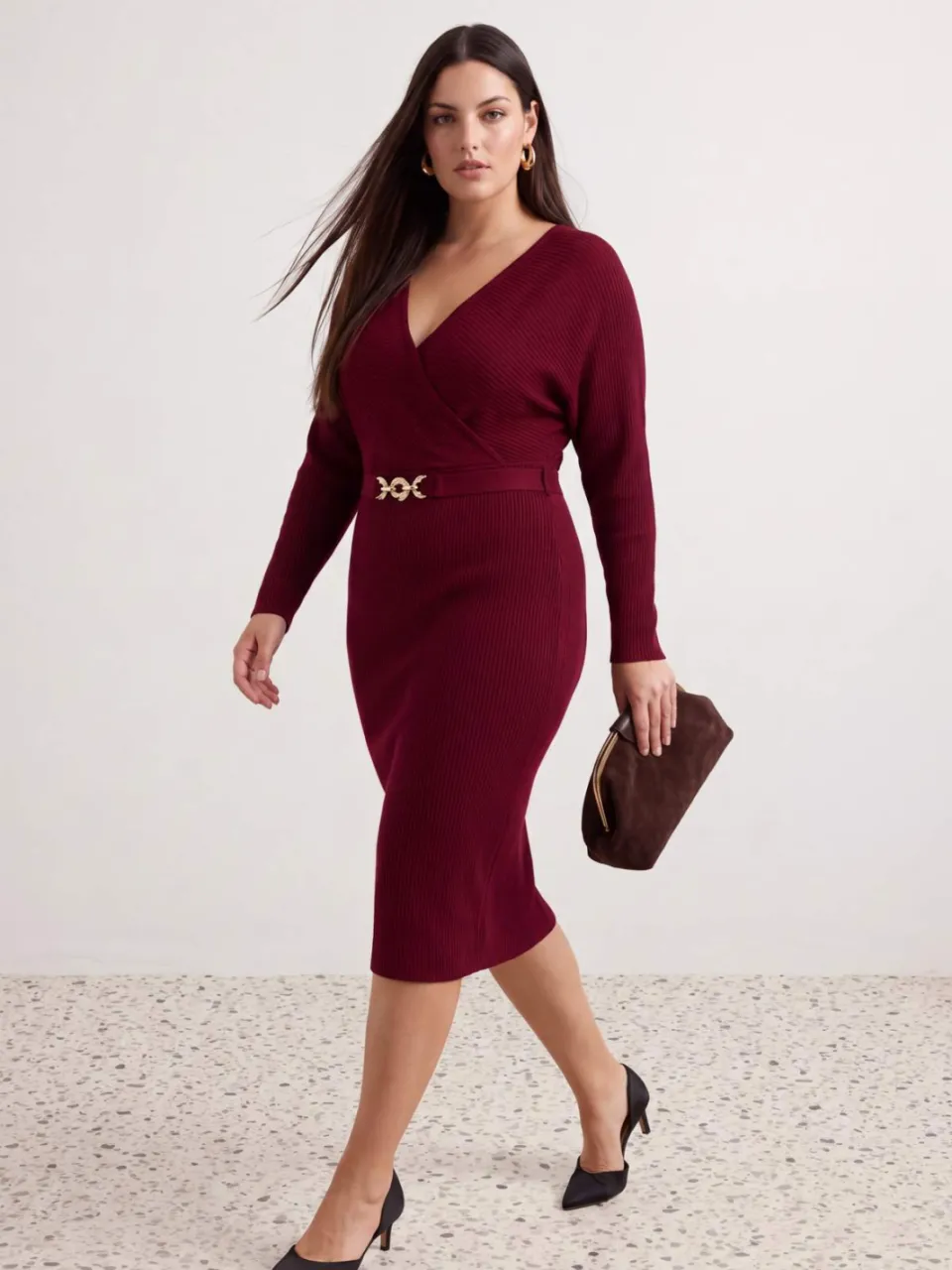 Trendyol Curve Dames Bordeauxrood Effen Maxi Lang Shift-model Grote maten Jurk
