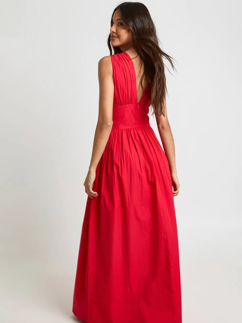 boohoo Dames Katoenen Popeline Maxi Jurk Met Diepe V-hals En Getailleerd Middel Detail rood, foto 2
