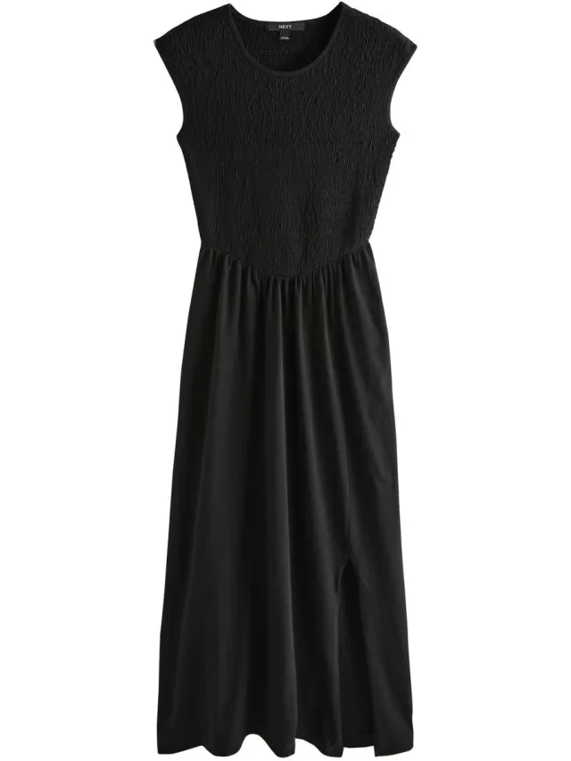 Next Dames - Midi-jurk met kapmouwtjes en gerimpelde jersey body, petite - Petite - Zwart Black