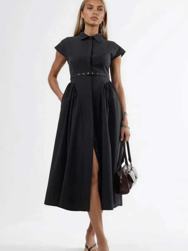 Busem Gestrikt Midi-jurk met Hemdkragen Zwart