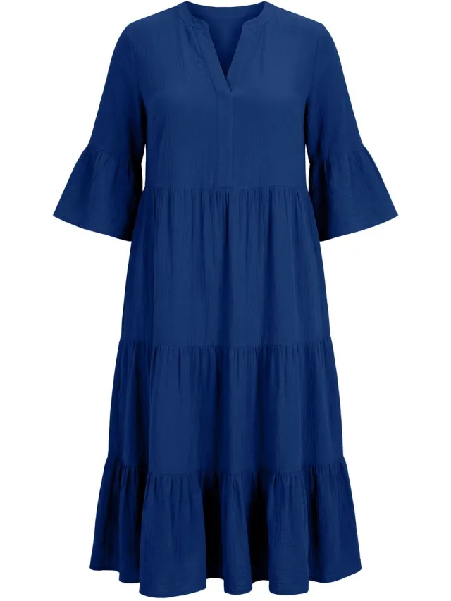 Studio Untold Dames - Maxi-jurk A-lijn mousseline opstaande kraag volants - Donkerblauw - Maat 50+