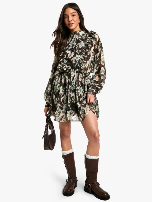 boohoo Dames Bloemenprint Chiffon Mini-Jurk met Lange Mouwen