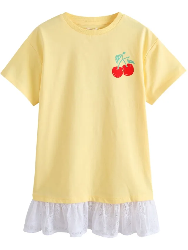 Next Meisjes - Kanten 2-in-1 T-shirtjurk - Geel Bright Yellow