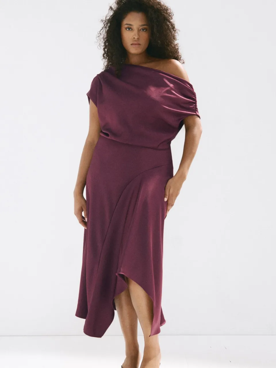 Mango one shoulder midi jurk - donkerpaars, foto 7