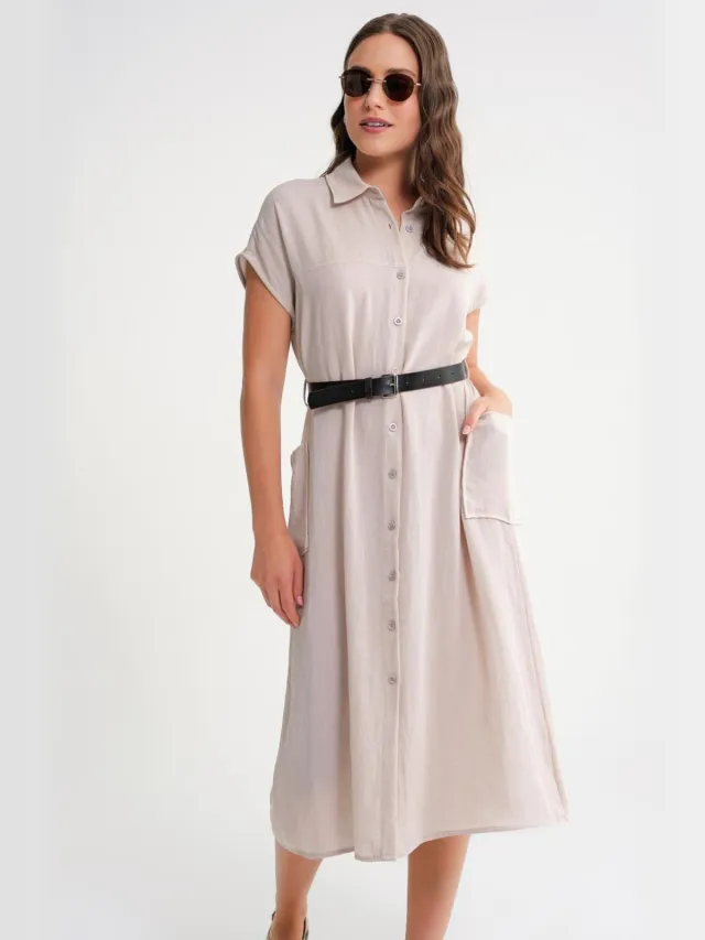 Mixray Midi-jurk met riemdetail en knoopkraag Steen