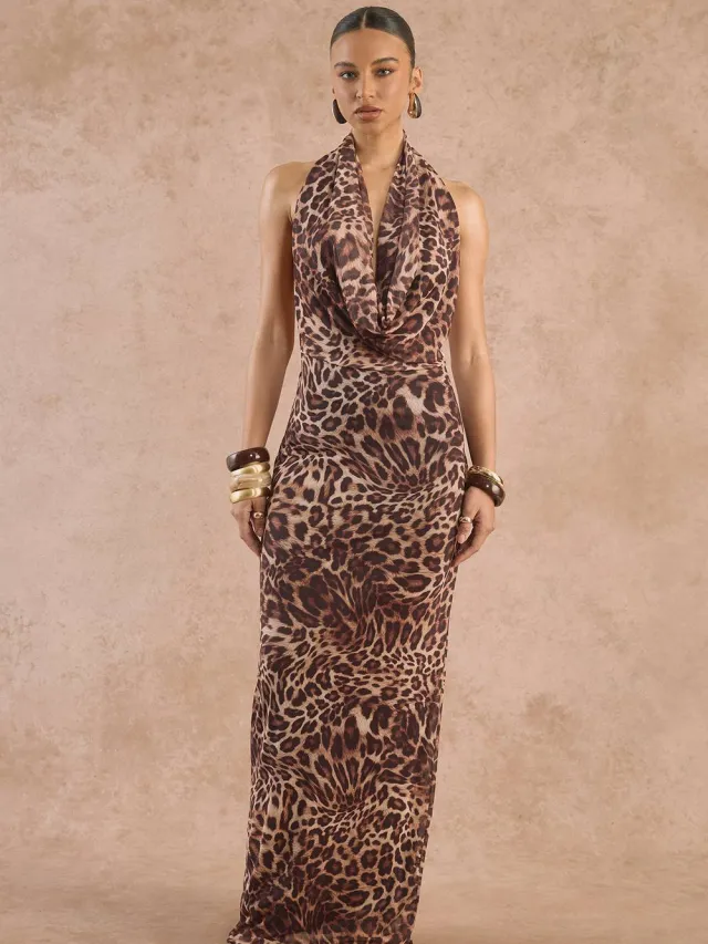 boohoo Dames Luipaard Halternek Mesh Maxi Jurk Luipaardprint