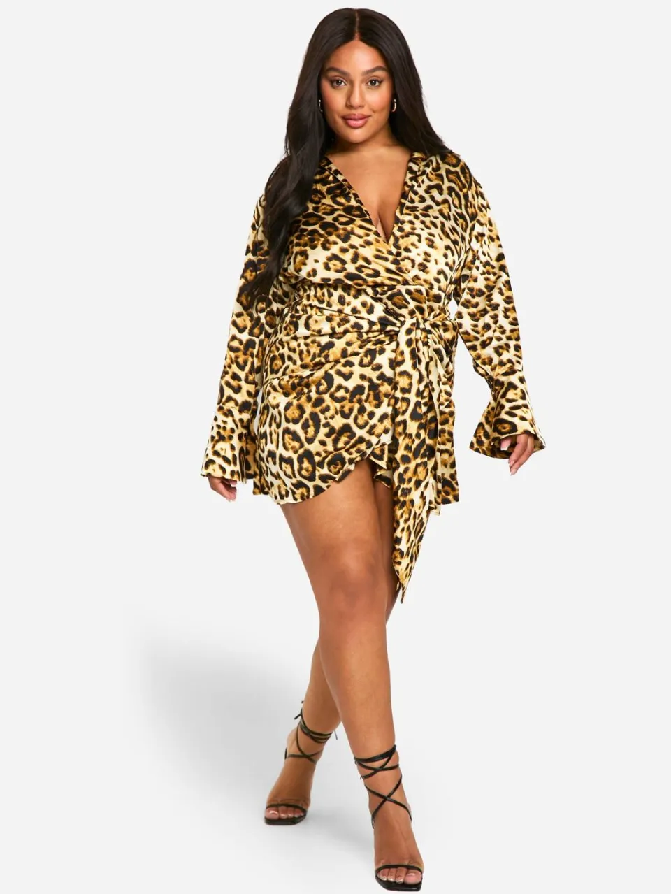 boohoo Dames Plus Luipaard Tie-Waist Shirt Wrap Jurk luipaardprint, foto 3