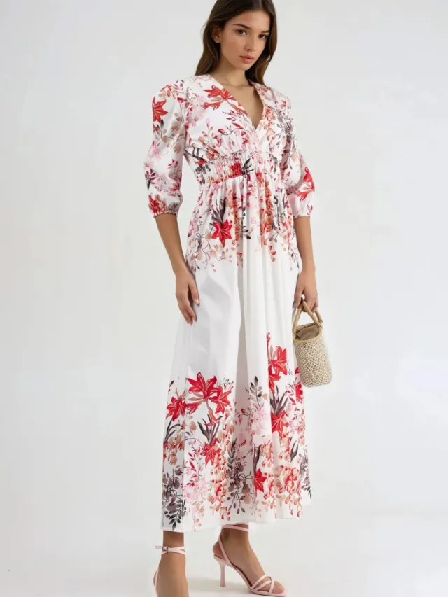 MSN Collection Bloemen V-hals Maxi Jurk Wit