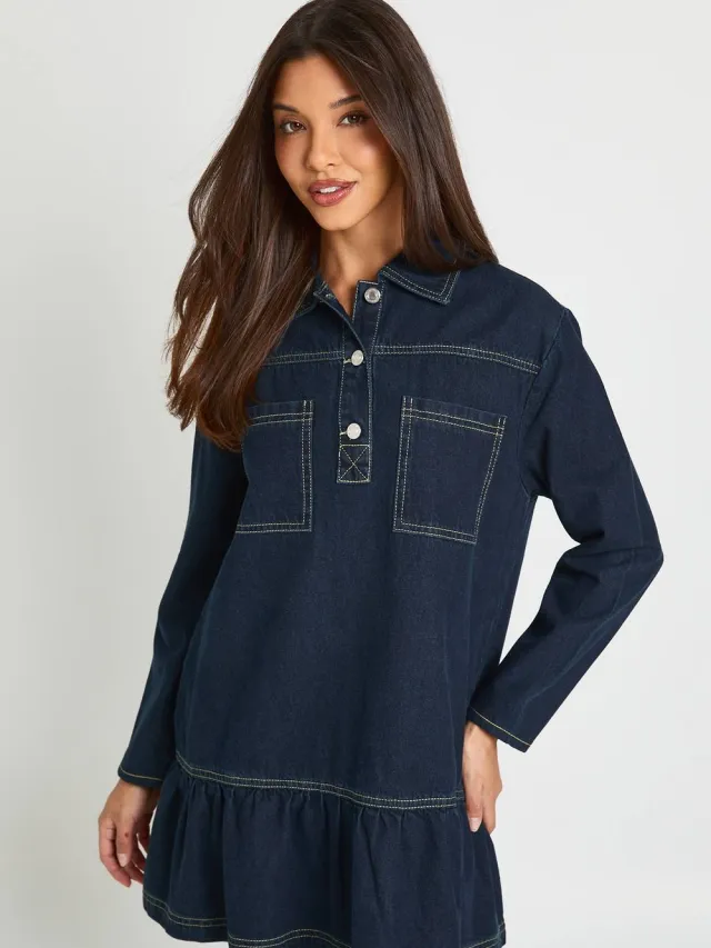 boohoo Dames Denim Jurk Met Verlaagde Zoom Indigo
