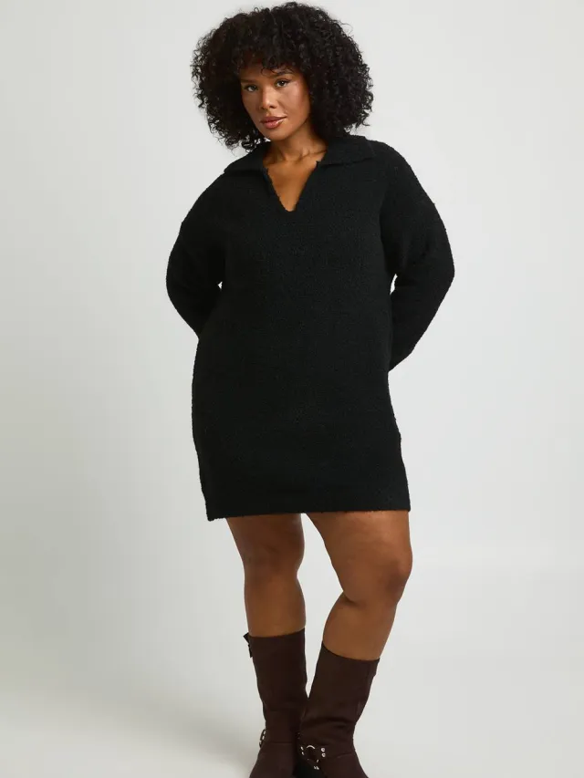 boohoo Dames Plus Jurk Met Kraag In Boucle Gebreide Mini-trui Zwart