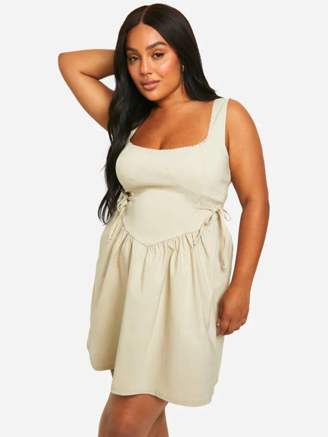boohoo Dames Plus Bengaline Tie Detail Skater Jurk Steen