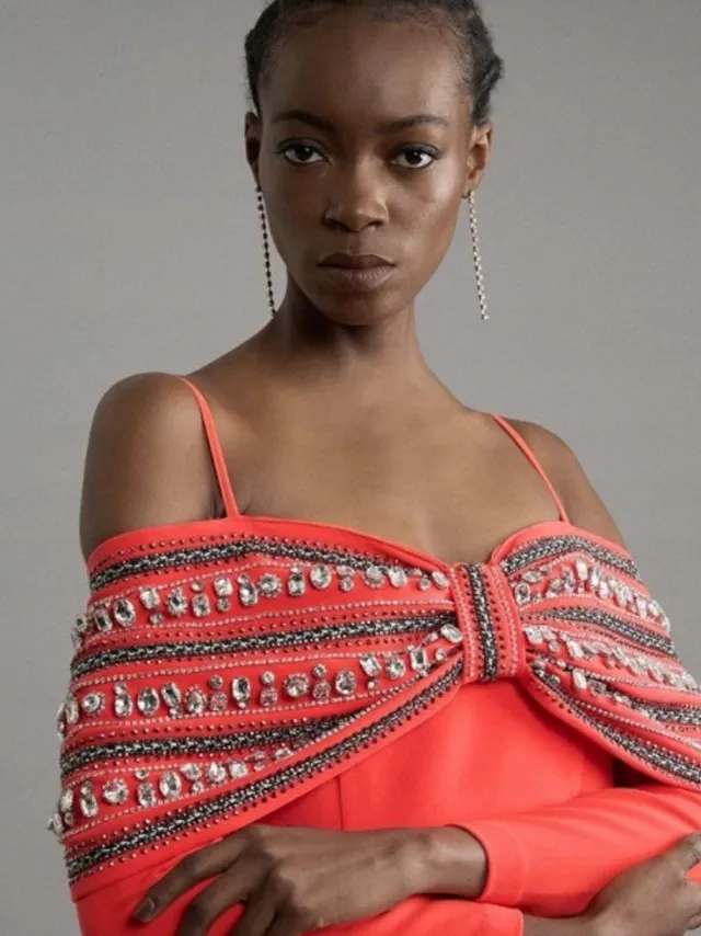 Karen Millen Off-Shoulder Jurk - Versierd - Pomarańczowy Oranje