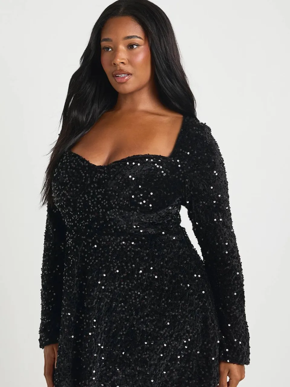 boohoo Dames Plus Sweetheart Hals Lange Mouw Skater Jurk zwart, foto 3