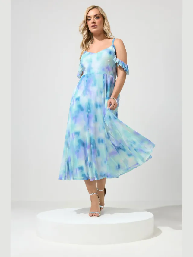 Yours London Blauwe Abstracte Jurk Met Blote Schouder Blue