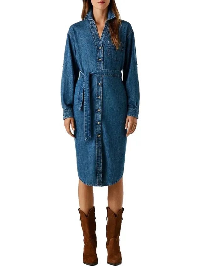 Pepe Jeans Angie Classic Midi-jurk Met Lange Mouwen Blauw XL Vrouw Denim Blue