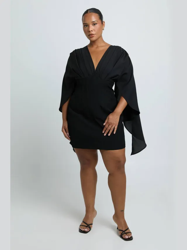 boohoo Dames Plus Chiffon Mix Cape Mouw Corset Mini Jurk Zwart