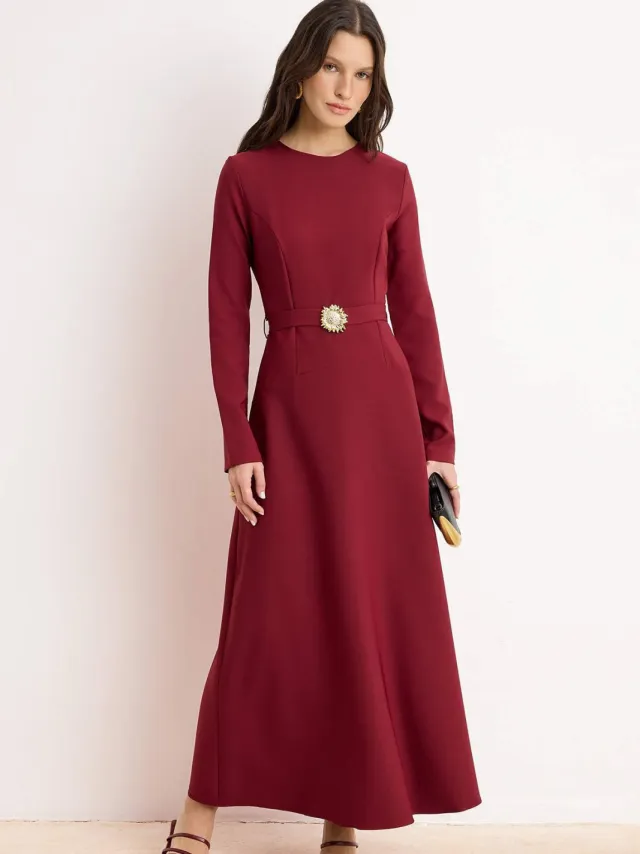 Turkishsouq Dames maxi-jurk met platte bovenkant en hijab-model Bordeauxrood