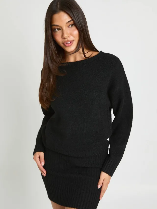 boohoo Dames Gebreide Mini-jurk Met Gerimpelde Zoom Zwart