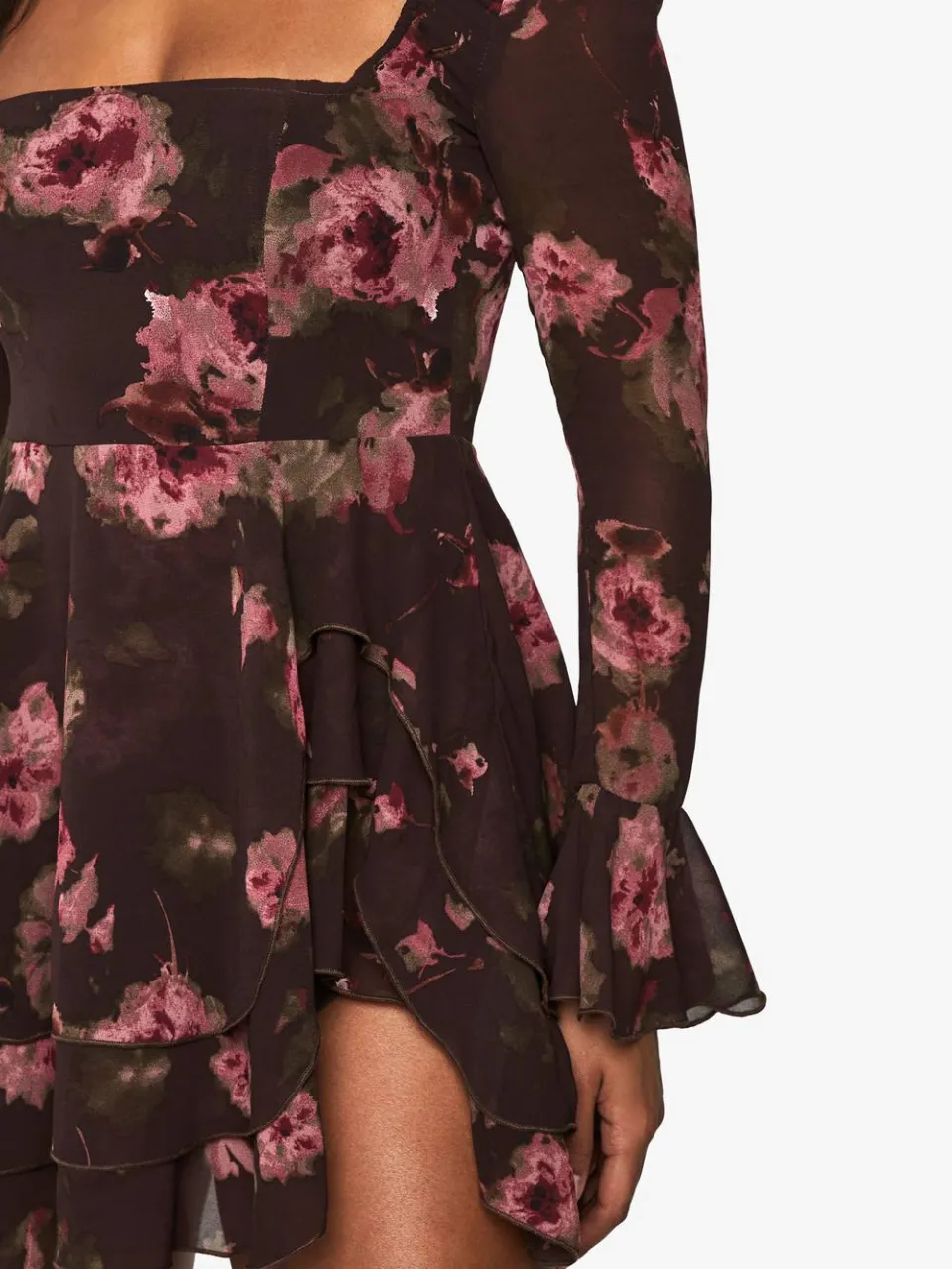 boohoo Dames Bloemrijke Chiffon Skaterjurk bruin, foto 4