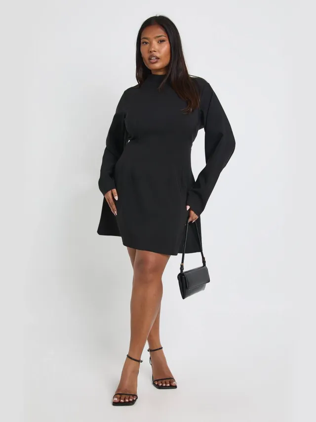 boohoo Dames Plus-jurk met getailleerde details en ballonmouwen Zwart