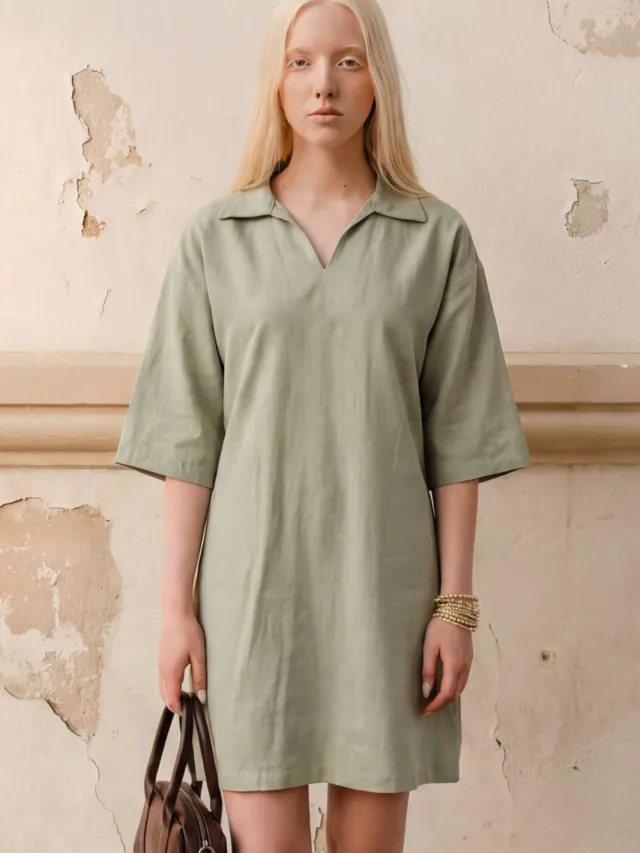MyFashion Polo Kraag Mini Jurk met Driekwart Mouwen Mint