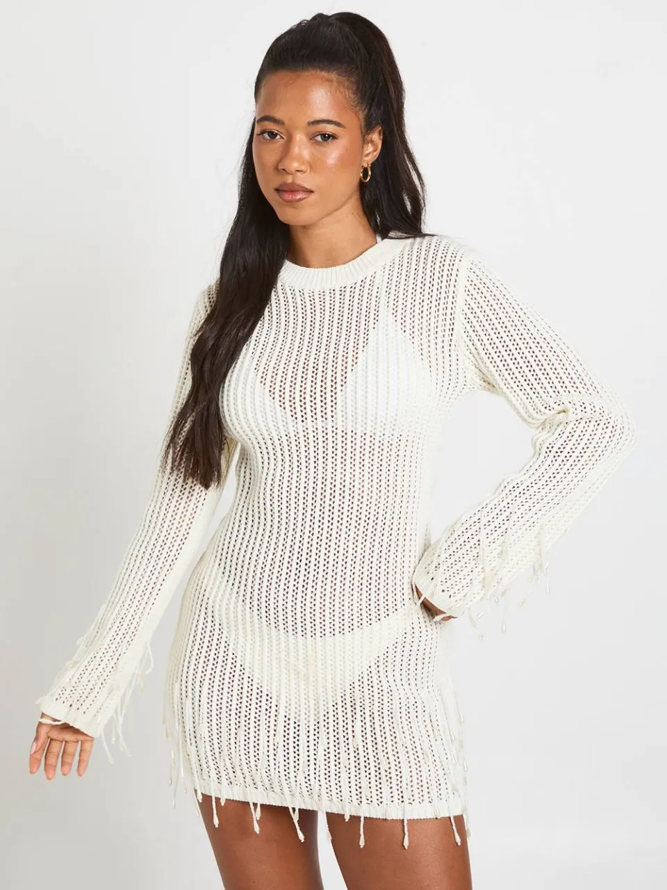 boohoo Dames Gehaakte Gebreide Mini-jurk Met Kralenzoom ecru, foto 3