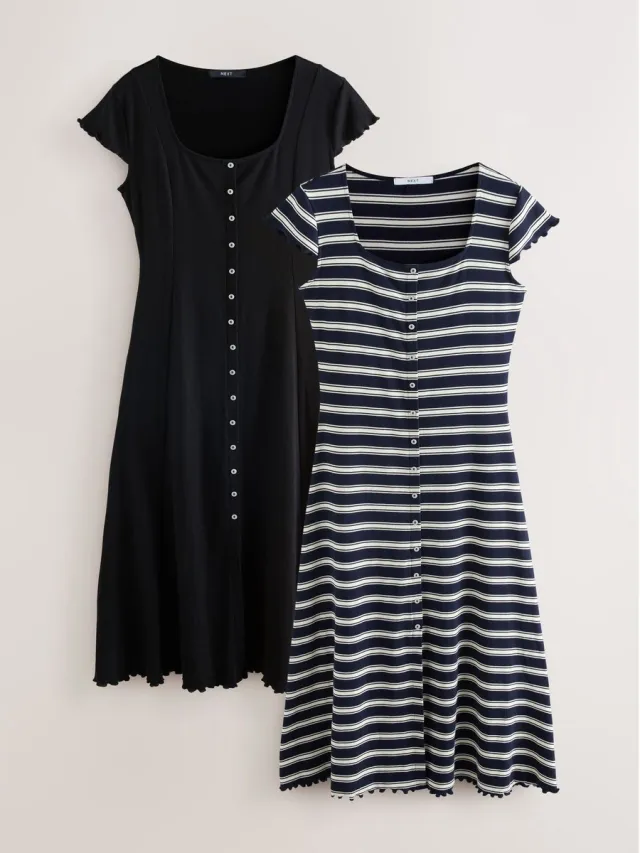 Next Dames - Jersey maxi-jurk met korte mouwen en knopen - Blauw Navy Blue Stripe/Black