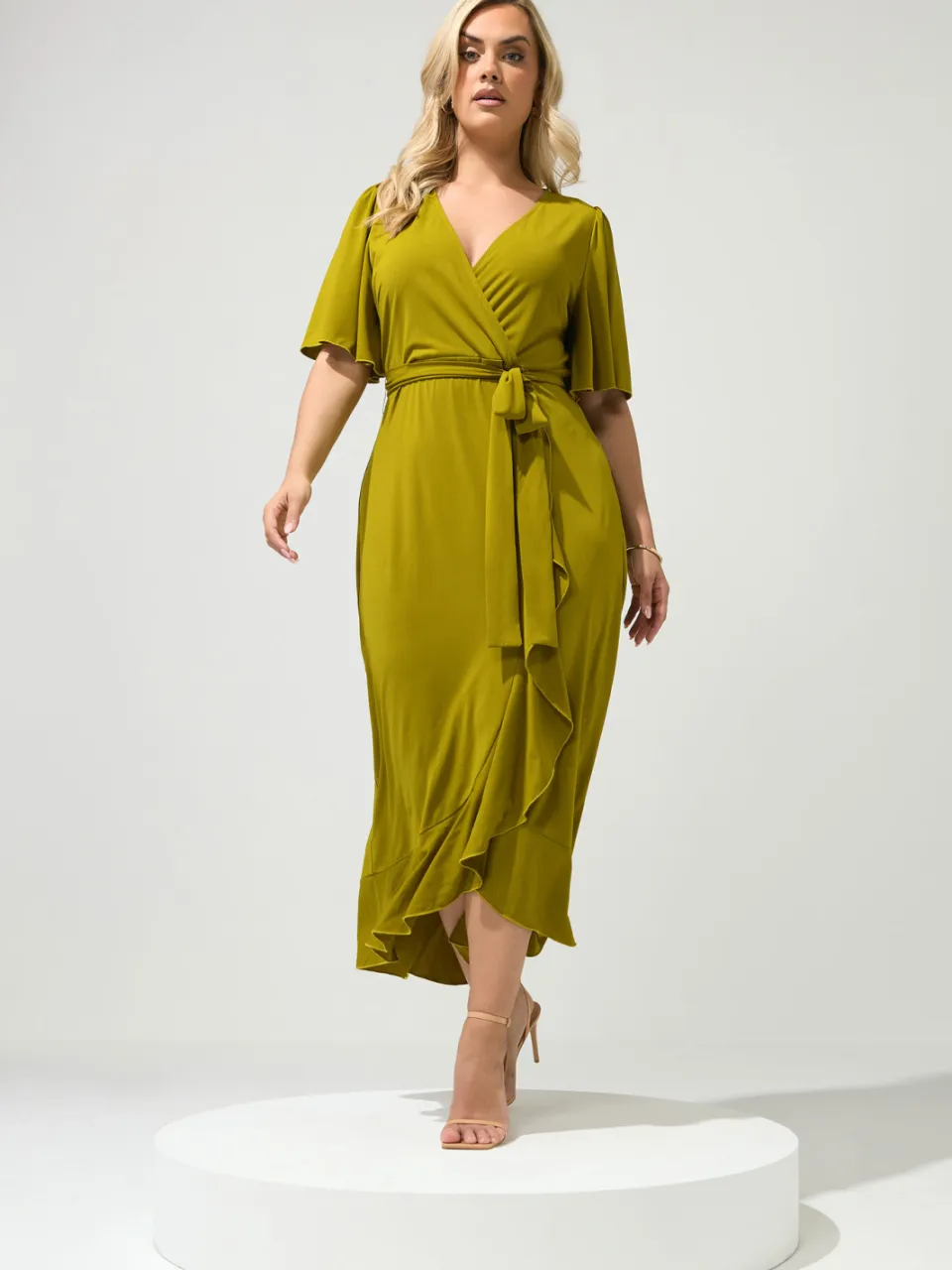 Yours London Chartreuse Groene Maxijurk Met Korte Mouwen En Ruches, foto 2