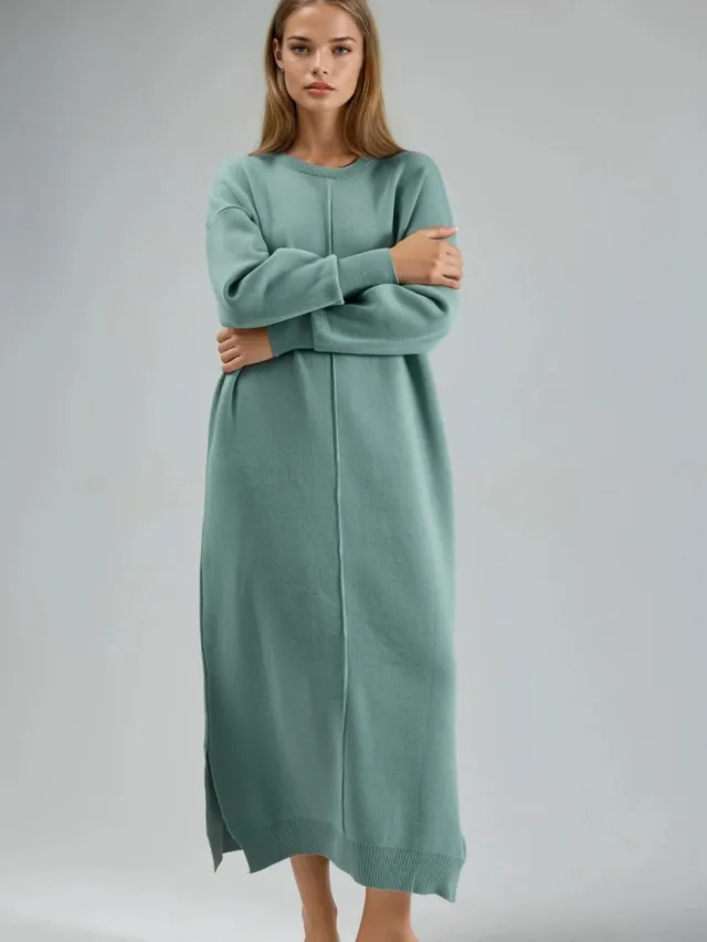 MyFashion Maxi Geribd Gebreid Jurk met Ronde Hals Saliegroen