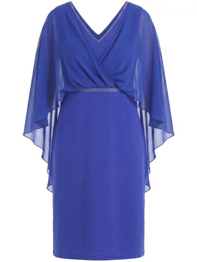 Ulla Popken Dames - Midi-jurk chiffon overlay V-hals 3/4-mouwen - Capriblauw - Maat 42+