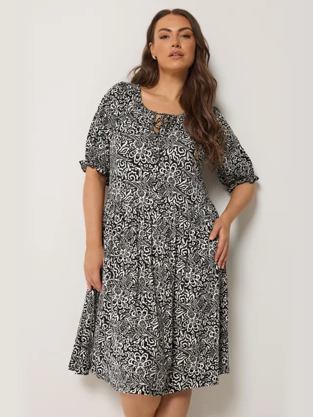 Yours Zwarte Abstracte Jurk Met Strikdetail Black