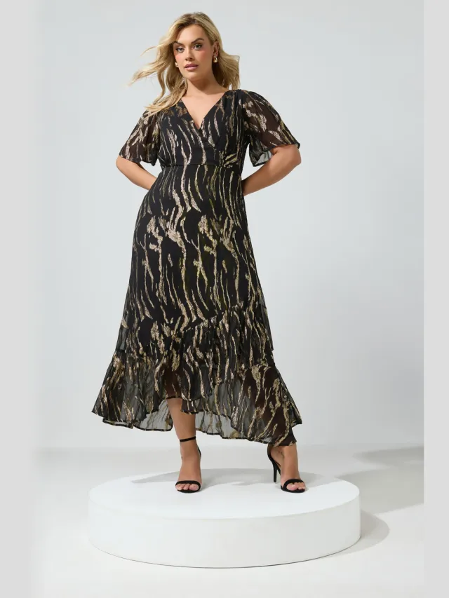 Yours London Zwarte En Gouden Metallic Wikkeljurk Met Ruches Black