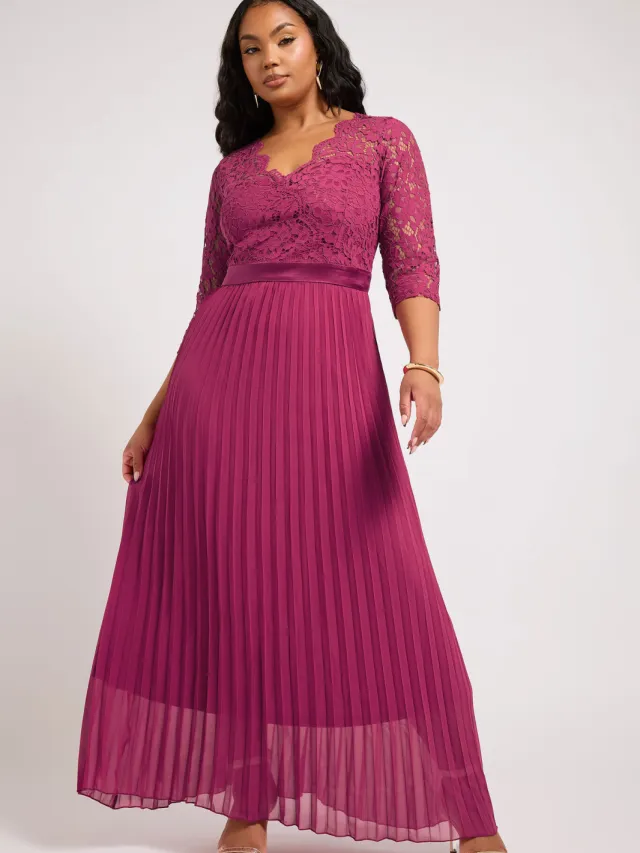 Yours London Lange Bruidsmeisjesjurk Met Plooien En Bloemenkant In Donkerroze Pink