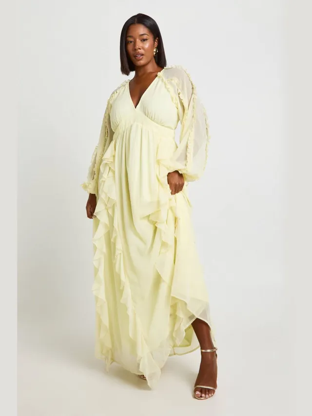 boohoo Dames Plus Chiffon Lange Mouw Ruches Maxi Jurk Citroen