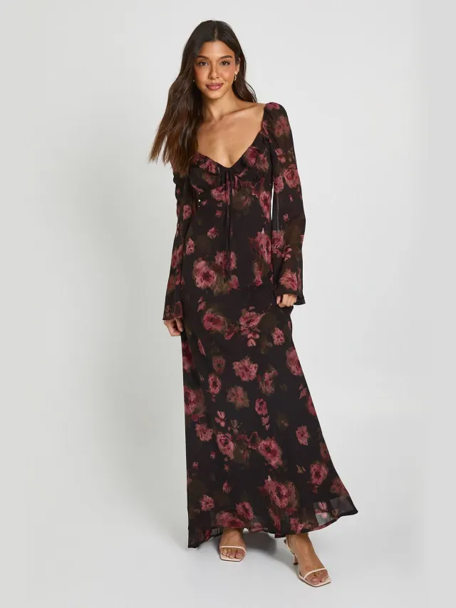 boohoo Dames Toonkleurige Bloemen Chiffon Maxi Jurk Met Wijd Uitlopende Mouwen Chocoladebruin