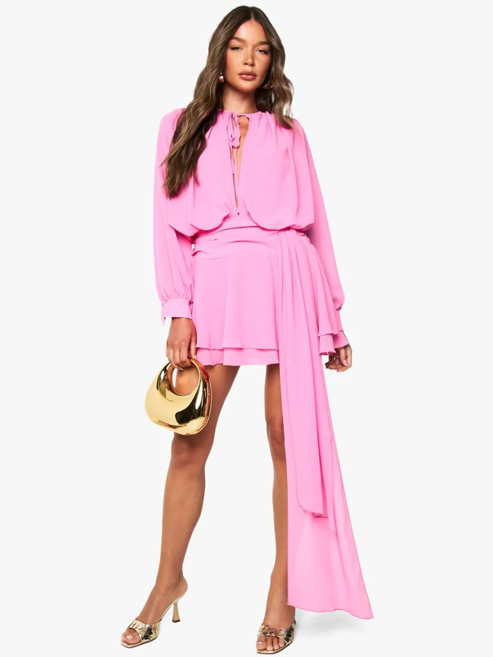 boohoo Dames Chiffon gerafelde gedrapeerde smock jurk roze, foto 2