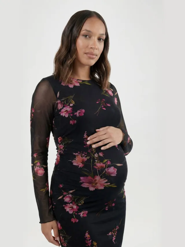 boohoo Dames Zwangerschaps Bloemen Mesh Maxi Jurk Zwart