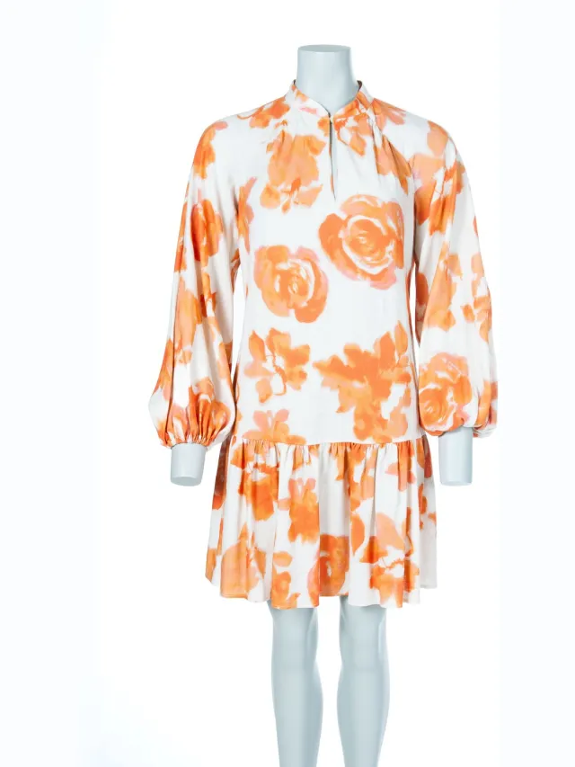 Luisa Cerano jurk beige met bloemenprint en pofmouwen voor dames - S (36)