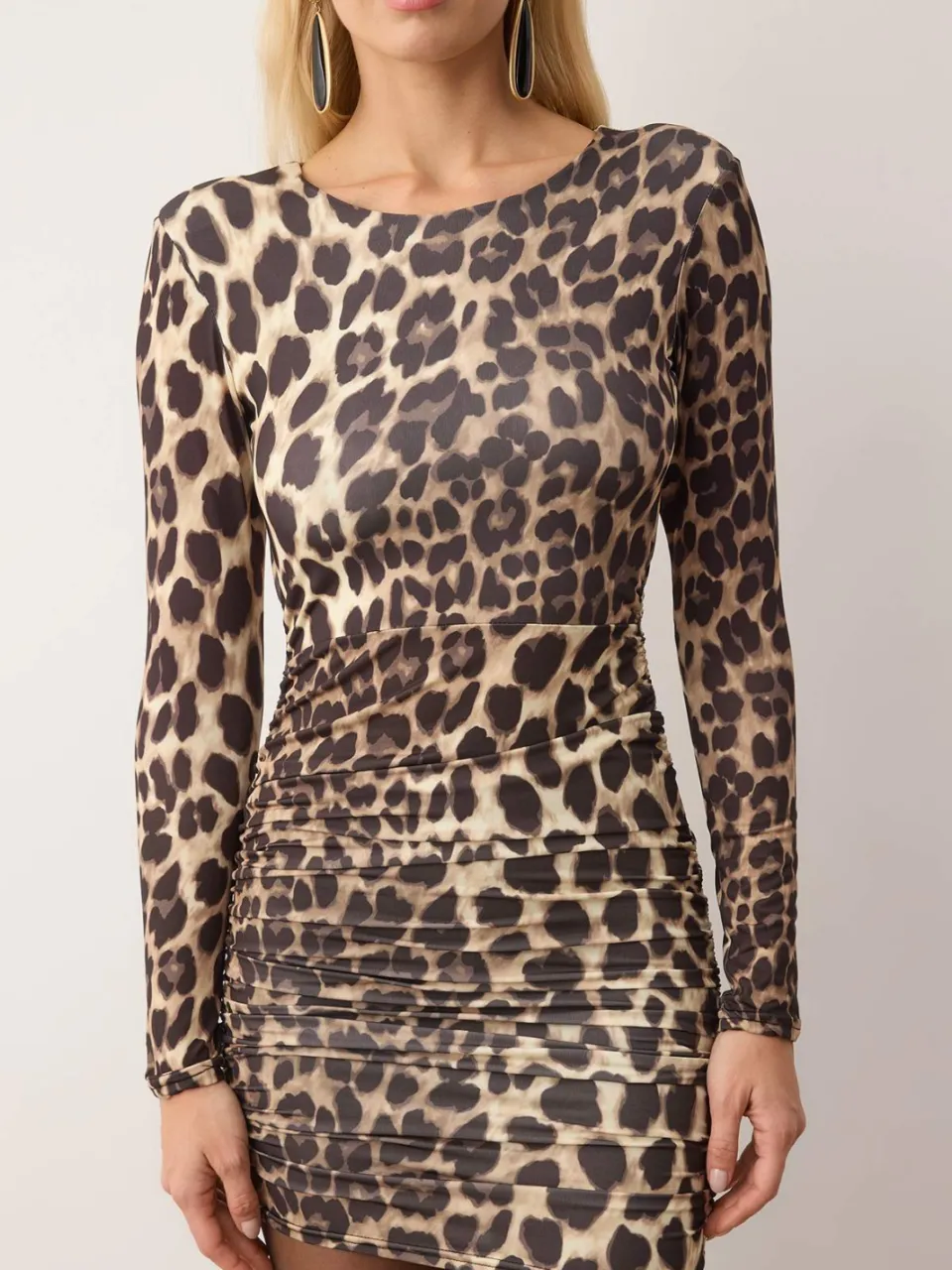 Trendyol TRENDYOLMİLLA Dames Bruin Dierenprint Kort / Mini Lang Stijlvol/Avond Bodycon Jurken, foto 2