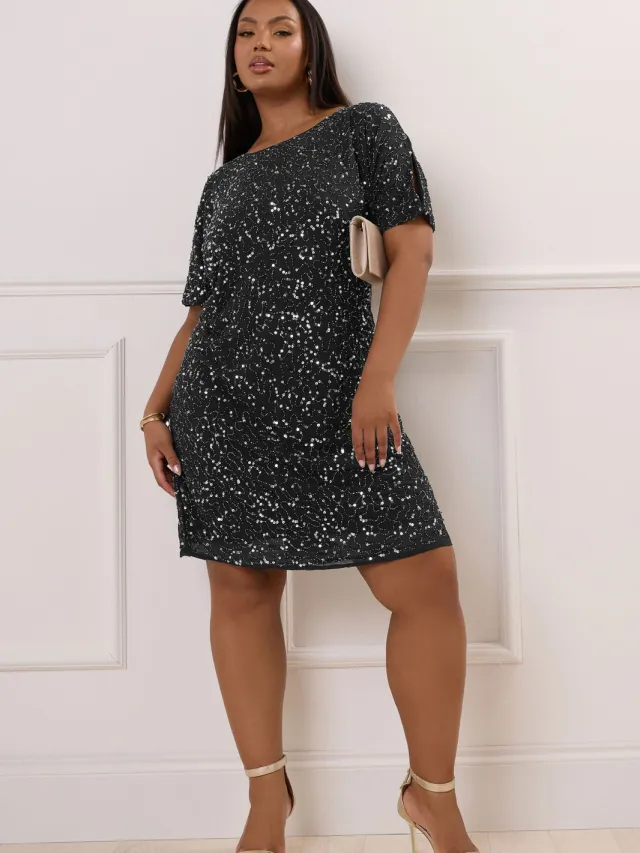 Luxe: Ultimate Embellishment Luxe Geweven Shiftjurk Met Kralen & Pailletten In Zwartsize 58-60 Black