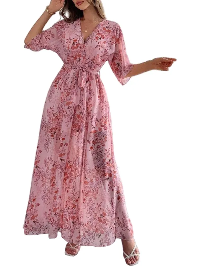 RedParrot Roze Jurk met Bloemen patroon - Lang - V-hals - Dress