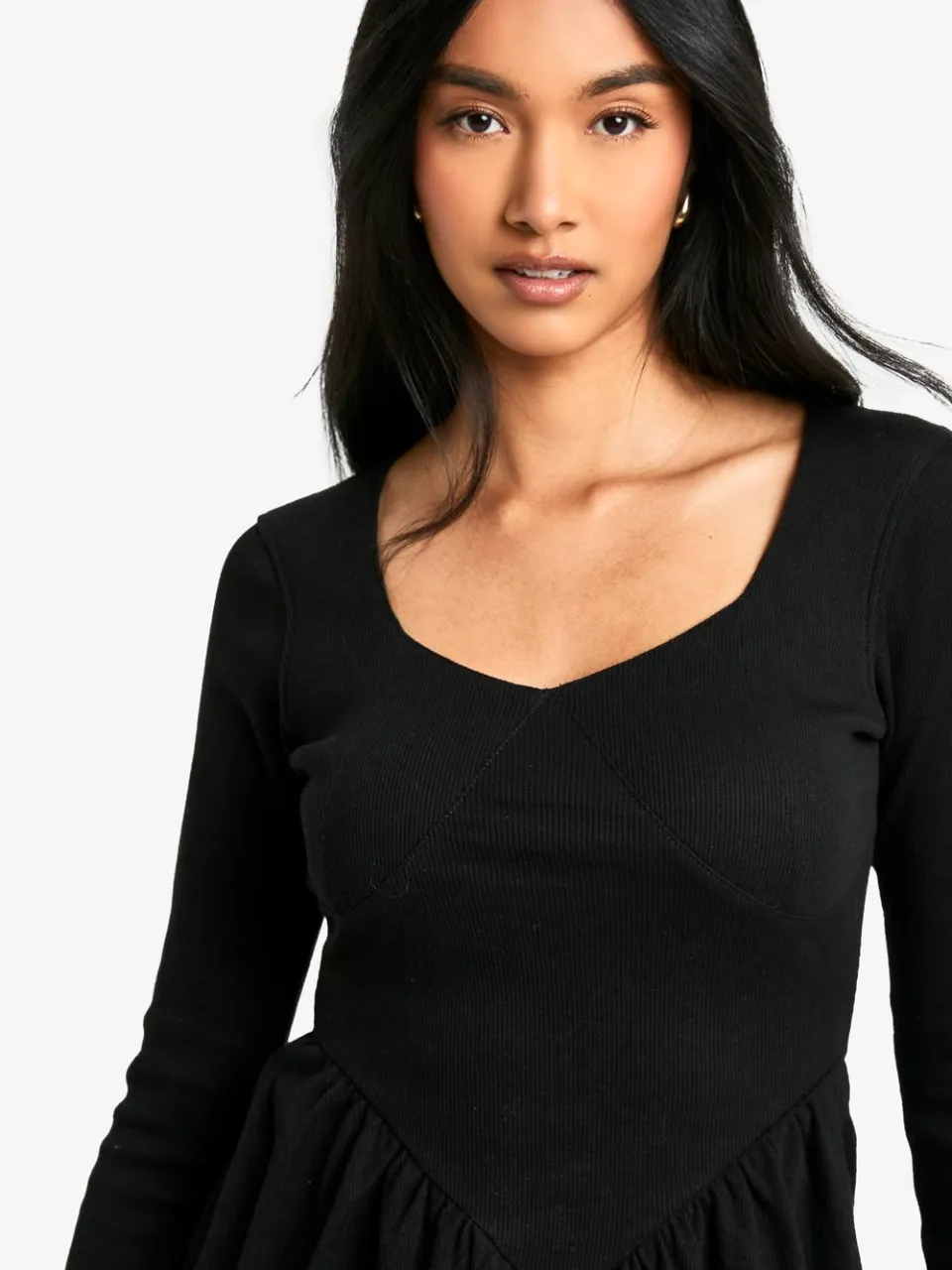 boohoo Dames Rib Dropped Hem Smock-jurk zwart, foto 3