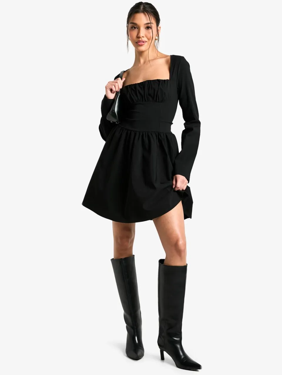 boohoo Dames Bengaline Korset Skaterjurk met Lange Mouwen zwart, foto 3