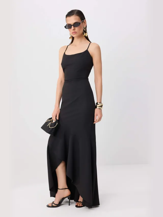 Trendyol TRENDYOLMİLLA Dames Zwart Effen Midi Mouwloos Asymmetrisch Avond & Gala Jurk