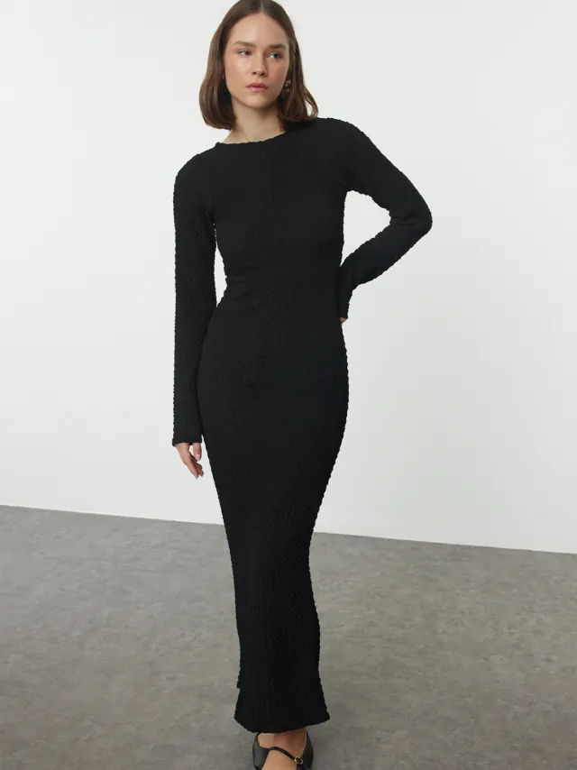 Trendyol TRENDYOLMİLLA Dames Zwart Effen Maxi Lang Casual Bodycon Jurken