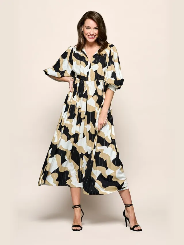 Mart Visser Sophie Print Jurk Zwart / Camel Veelkleurig