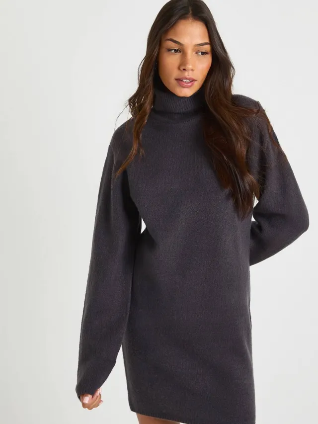 boohoo Dames Hoge Rolkraag Chunky Gebreide Mini Jurk Houtskool