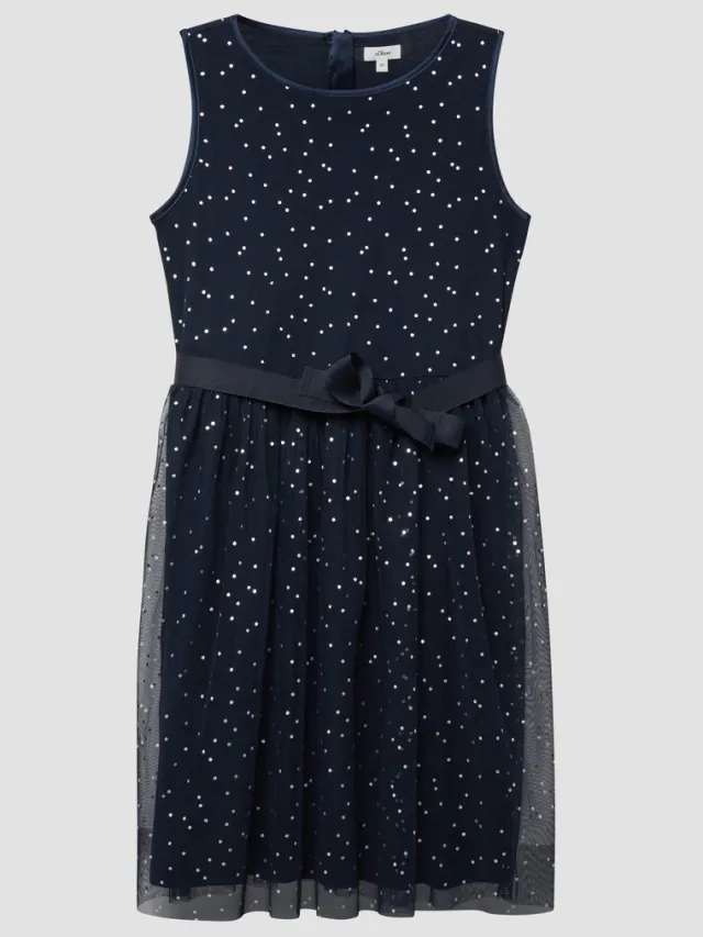 S.Oliver female - Korte jurk met zilveren stippen en strikceintuur navy